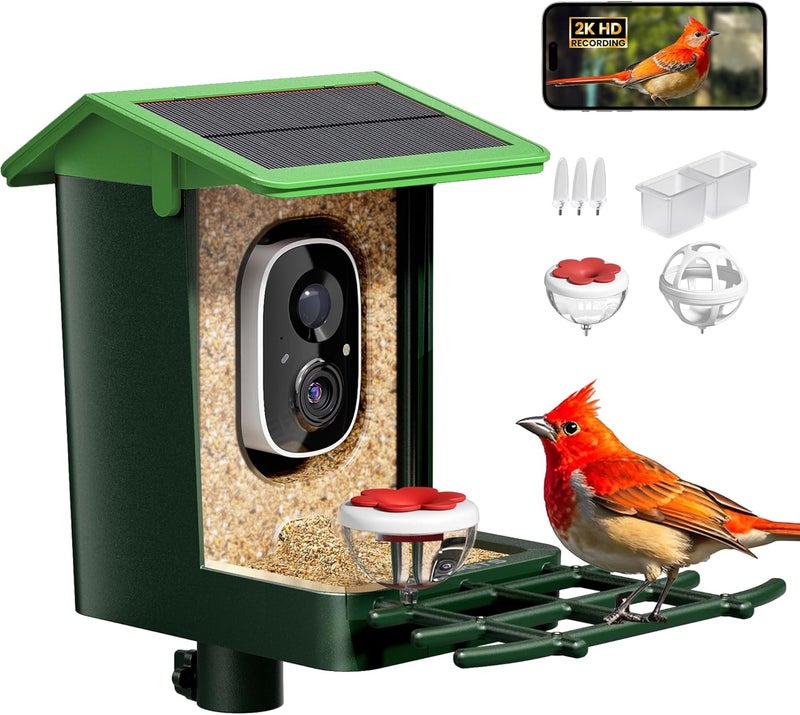 HEAPETS Bird Feeder with Camera Solar Powered 2K HD Video, 10,000+ Species AI Recognition, Real-Time App Alerts, and Weatherproof Design for Effortless Birdwatching, Gift for Bird Lovers, Grass Green - Image 1